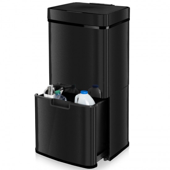 Dihl 75L Black Steel Dual Twin 2 Compartment Recycling Recycle Automatic Dust Waste Sensor Bin Large Trash Can