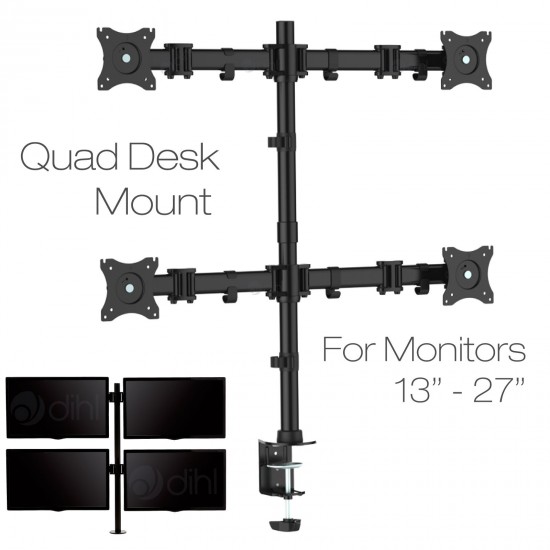 Dihl Quad Four Arm Desk Mount Bracket Stand for 13 - 27-Inch LCD/LED Computer Screen Monitor Screens - 5 Year Warranty - (Adjustable Monitor Arm: Tilt ±45°|Swivel 180°|Rotate 360°)