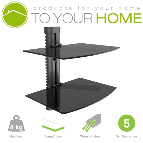 Dihl Black Double Twin Two Floating Double Glass Shelves Wall Mount Bracket Stand DVD Blu-Ray Sky Console