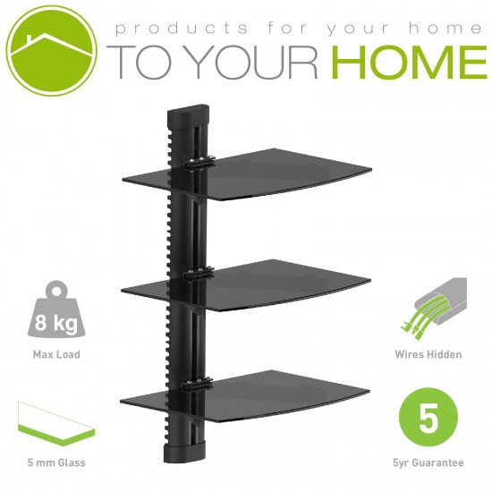 Dihl Black Floating Triple Three Glass Shelves Wall Mount Bracket Stand DVD Blu-Ray Sky Console