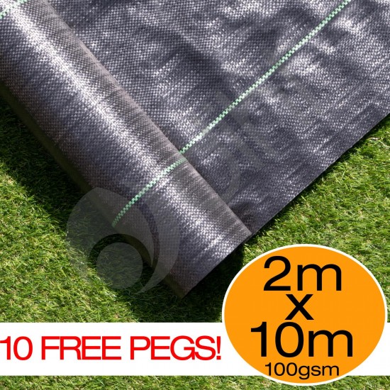 Black Polypropylene Weed Membrane - 2m by 10m Roll with 10 Pegs