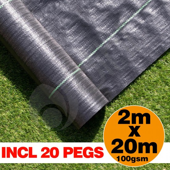 2m X 20m with 20 Pegs Ground Cover Fabric Landscape Garden Weed Control Membrane Heavy Duty