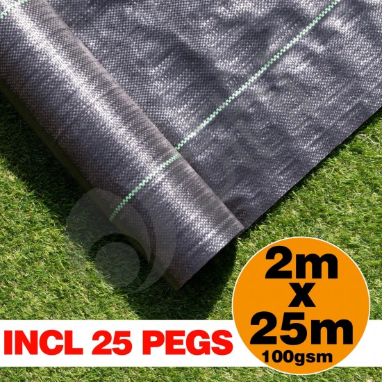 Black Polypropylene Weed Membrane - 2m by 25m Roll with 25 Pegs