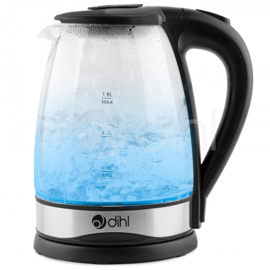 Dihl 2000W Glass Kettle 1.8L Blue LED Illuminated Clear