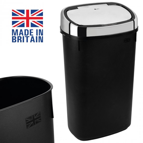 Dihl - UK MADE - 50L Black Bin with Chrome Sensor Lid Kitchen Waste Dust Bin Automatic Motor