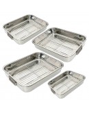  STAINLESS STEEL ROASTING TRAYS OVEN PAN DISH BAKING ROASTER TRAY GRILL RACK Z - Size: Set Of 4