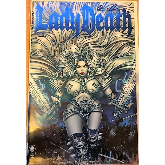 Coffin Lady Death Treacherous infamy #1 Premium Blue Foil Signed Pulido with Cert.